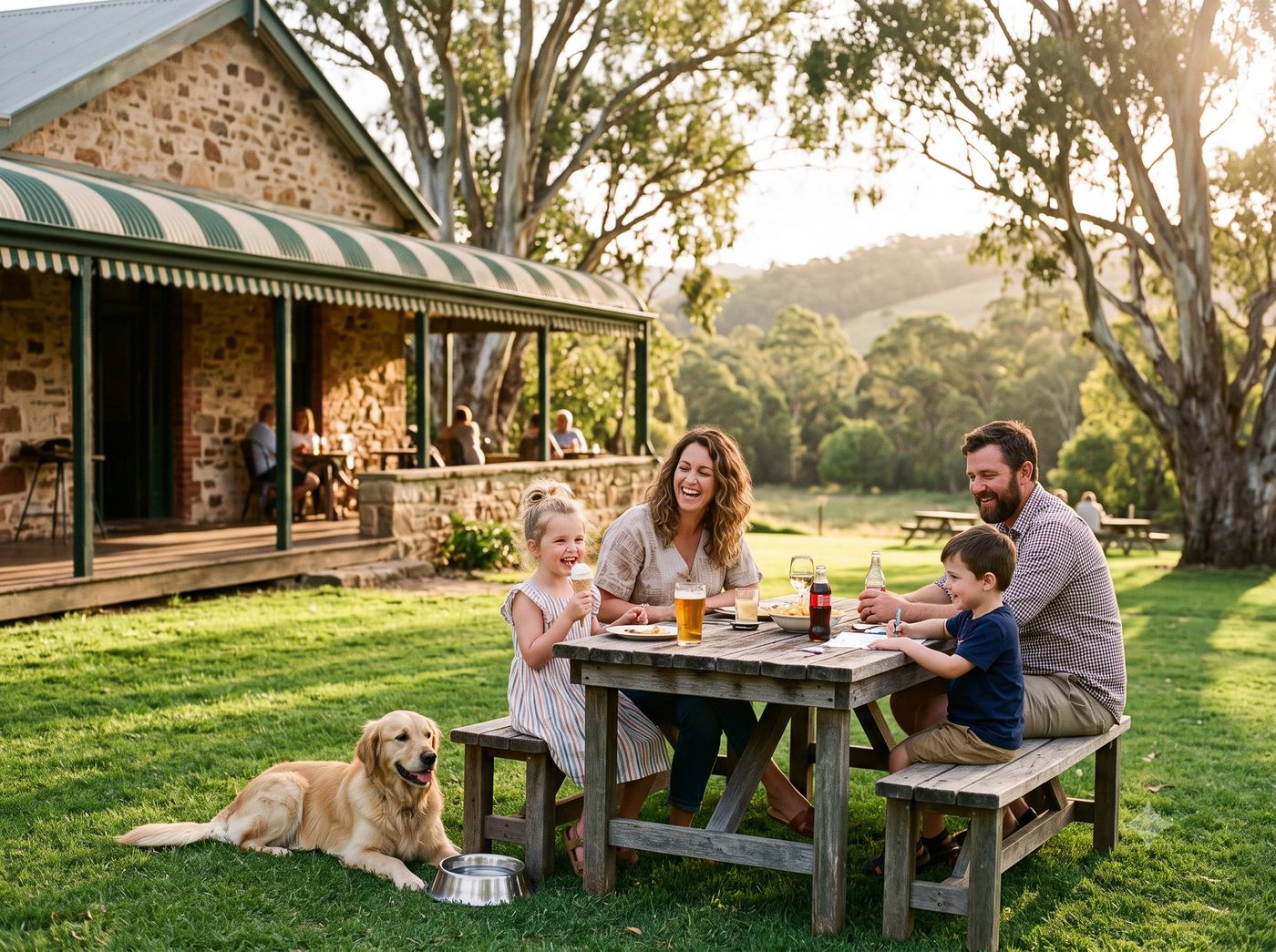 A family enjoying an afternoon on the lawn at the Greenman Inn, with their golden retriever and its water bowl beside them
